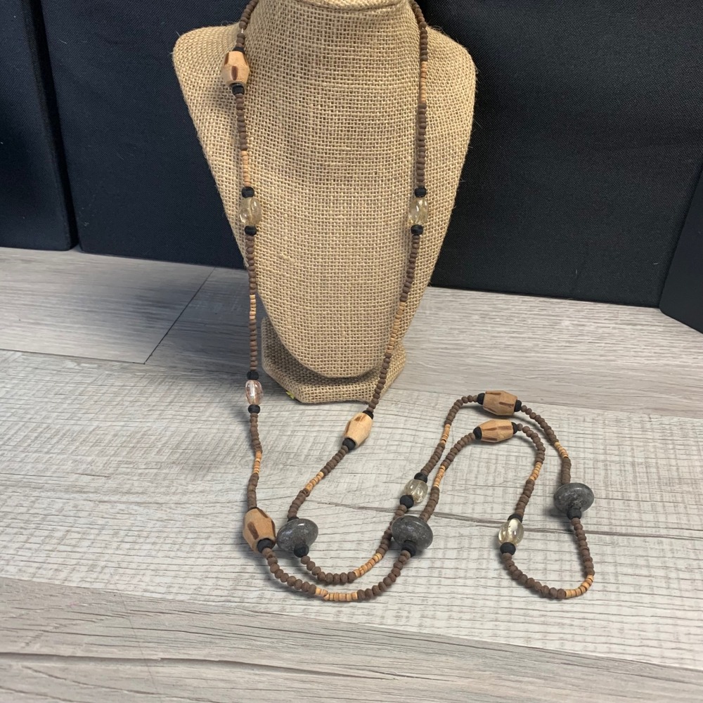 Boho Long Wood Stone and Glass Beaded Rope Necklace 60 Inch Earthy Brown Grey